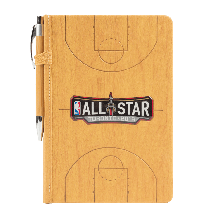 Wooden promotional notebook and pen combo with the 2016 NBA All Star Toronto logo in the middle. The notebook is engraved to look like a basketball court.