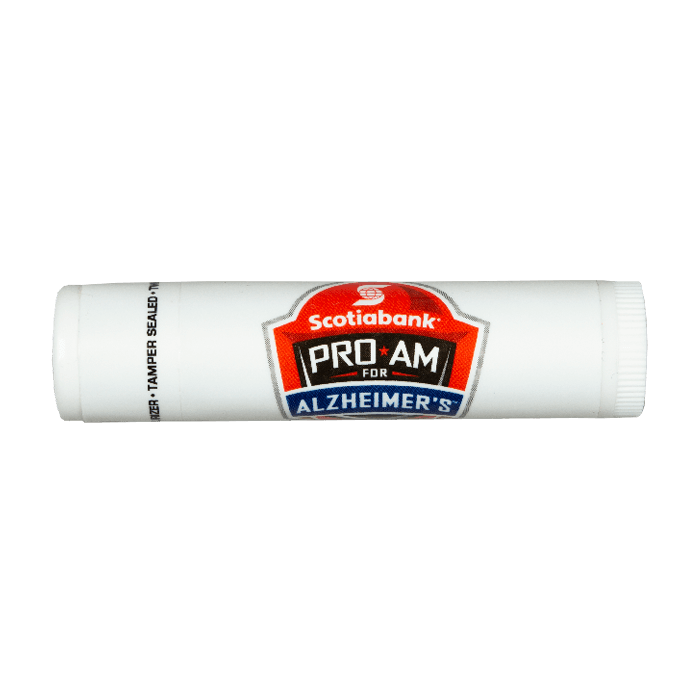 Promotional lip balm with Scotiabank Pro Am logo