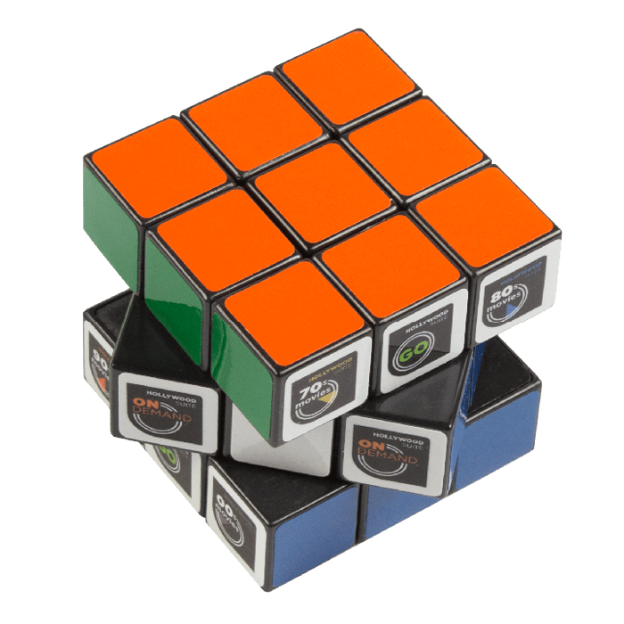 a customized rubik's cube with each layer twisted. The white faces have Hollywood Suite logos on them. The Orange (top), green (middle), and blue (bottom) faces are blank