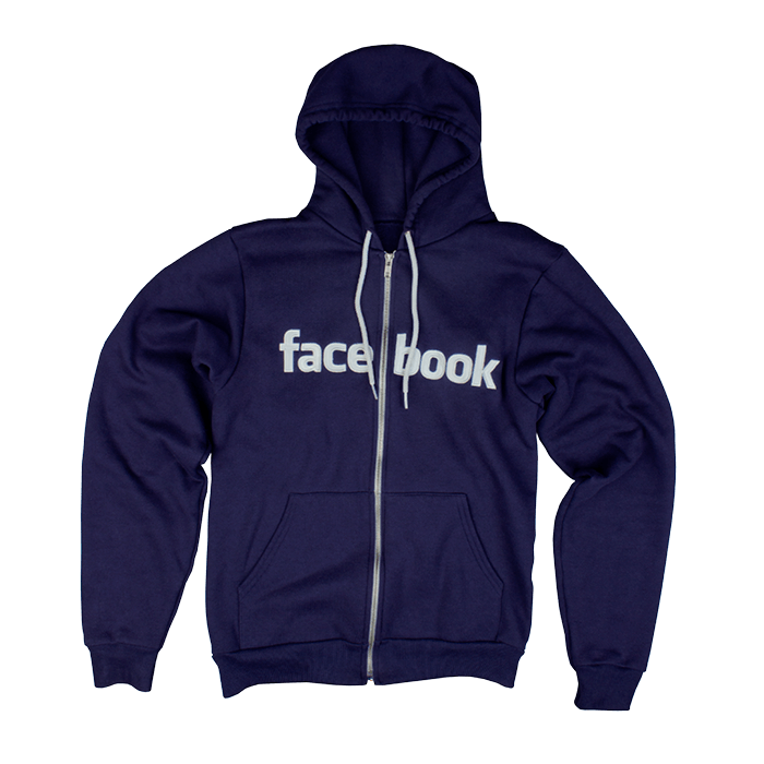 Dark blue custom hoody with full zipper and the Facebook logo printed on the chest