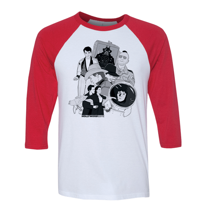 Red sleeved, white body, promotional long sleeve shirt for Hollywood Suite with cartoon collage of old movies