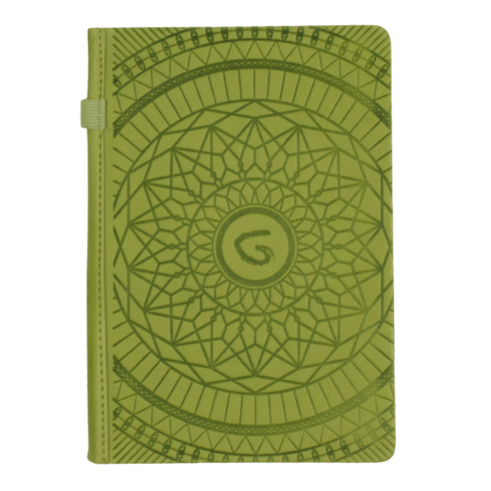 A lime green promotional debossed notebook with the Genumark logo inside a mosaic pattern