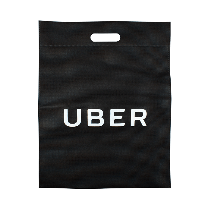 Black promotional tote bag with the Uber logo