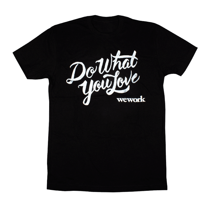 Black personalized t shirt with white We Work logo and tagline, "Do What You Love"