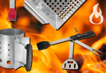 Image of BBQ utensils with flames in the background