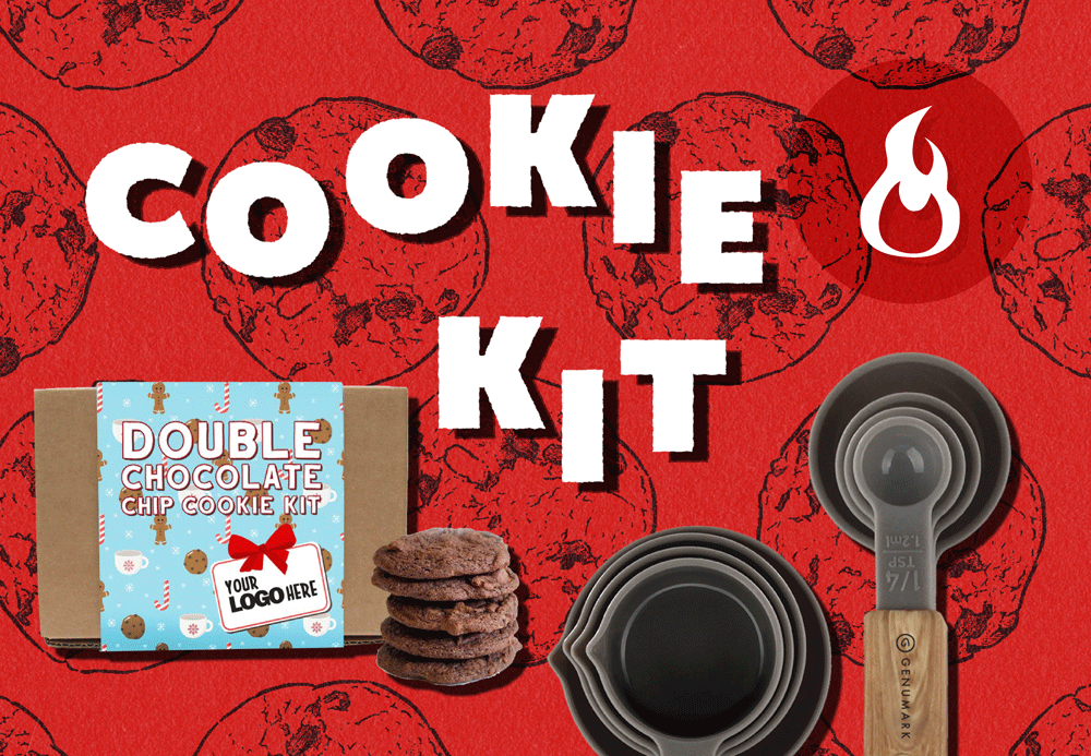cookie kit with box of ingredients and branded measuring spoons