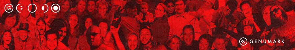 genumark banner with old staff images as the background with a red filter