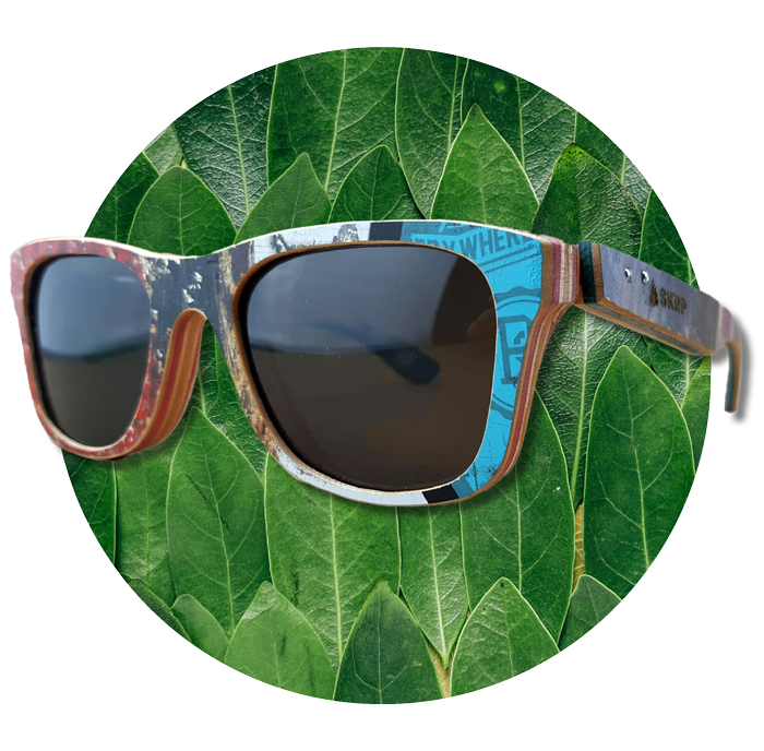 Branded sunglasses made from repurposed skateboards