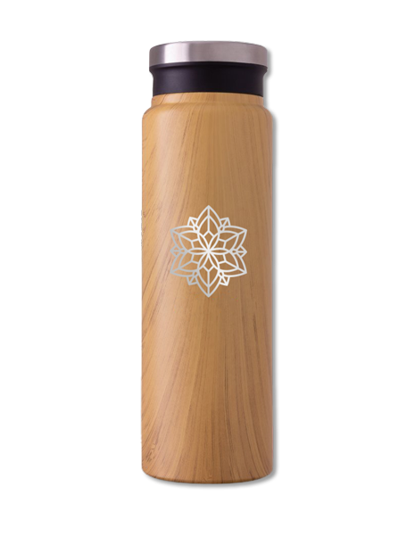 ora water bottle with wood finish and snowflake logo